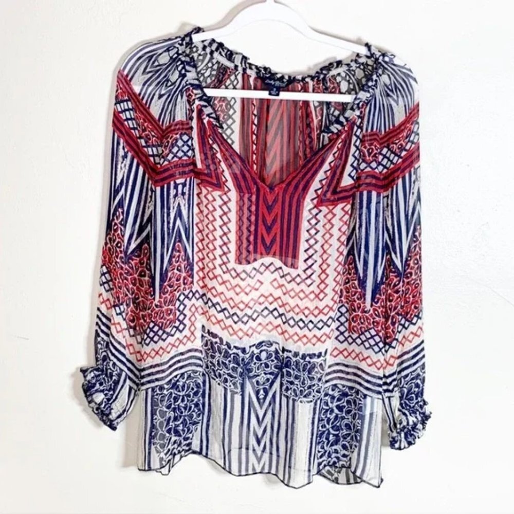 Lucky Brand Red Blue Printed Boho Bohemian Peasant Top Blouse Sheer Tunic Shirt